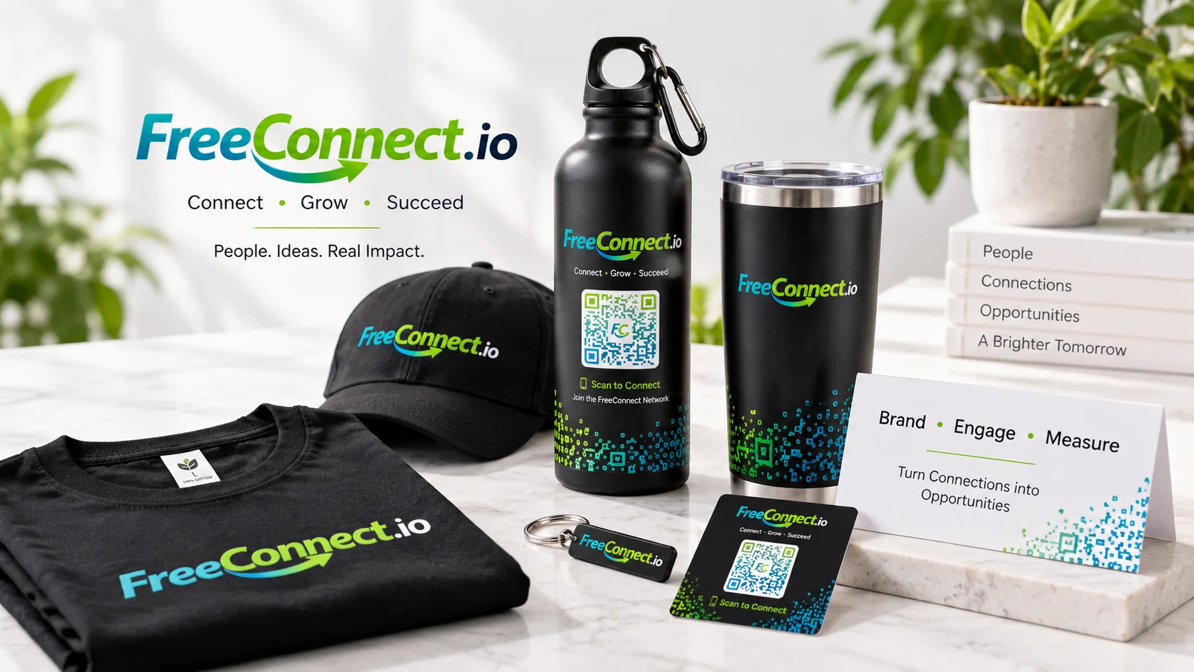 FreeConnect branded bottle, tumbler, cap, T-shirt, keychain and QR campaign materials