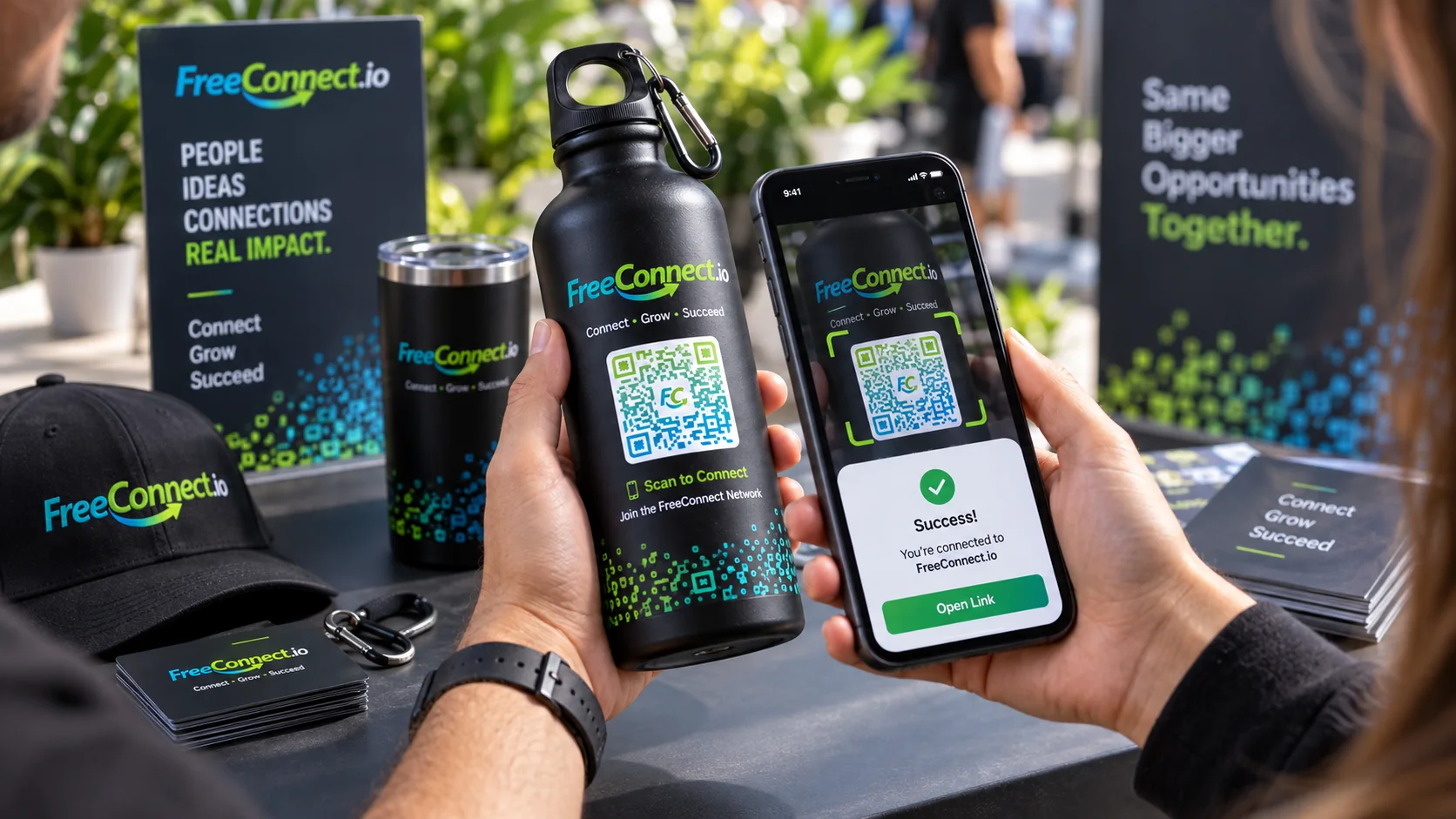 Customer scanning a FreeConnect QR code on a branded product